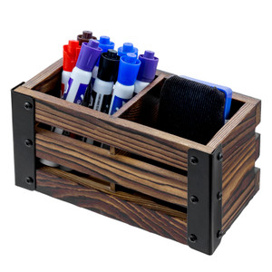 MyGift 2 Compartment Magnetic Office White Board Accessories Holder, Rustic Burnt Solid Wood Dry Erase Marker and Eraser Caddy with Black Metal Corne