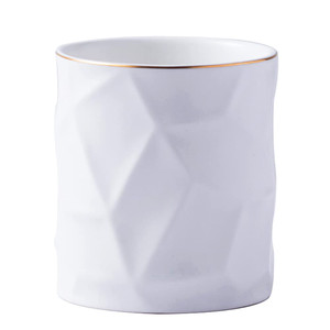 YOSCO Ceramic Irregular Round Pen Holder For Desk Cute Stand Gold Line Pencil Cup Pot Desk Organizer for Girls Makeup Brush Holder (White)