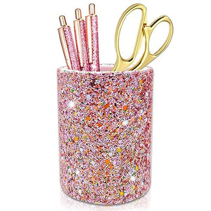 BIKCZEWIN PU Glitter Pink Pen Holder for Desk Cute Bling Office Accessories for Women Girls, Luxury Makeup Brush Holder Organizer Cup for Classroom H