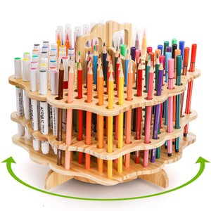 Peohud Wooden Pen Holder, 124 Slots Rotating Pencil Display Stand, Portable Paint Brush Organizer for Colored Pencils, Watercolor Brushes, Art Brushe