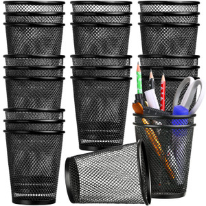 Leelosp 24 Pcs Pen Holder Mesh Pen Cup Bulk Metal Pencil Cup Holder for Desk Black Organizer Round Office Classroom for Back to School Students Kids