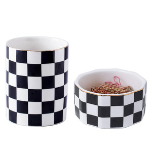 YOSCO Aesthetic Desk Organizer Set of 2 For Office, Pen Holder and Paper Clip Holder Dispenser, Checkered Ceramic Cute Pencil Cup Pot, Desktop Access