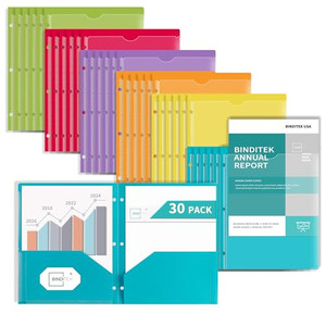Binditek 30 Pack Heavyduty Plastic Folders with Clear Front Pockets, 2-Pocket Folders with Card Slot, 3 Hole Punched for Letter Size, for 3 Ring Bind
