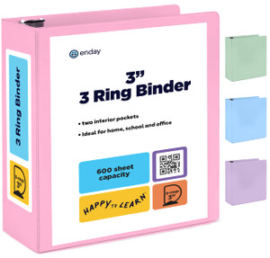 Enday 3 Inch Binder, Pink - 3 Inch 3 Ring Binder, D-Ring Pastel with Clear View Cover for Letter Size 8.5 x 11'' Paper & 2 Inside Pockets, Ideal for