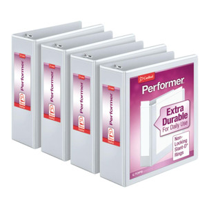 Cardinal Performer 3-Ring Binders, 3", Non-Locking Slant-D Rings, 725-Sheet Capacity, ClearVue Presentation, Non-Stick, PVC-Free, White, 4-Pack (2760