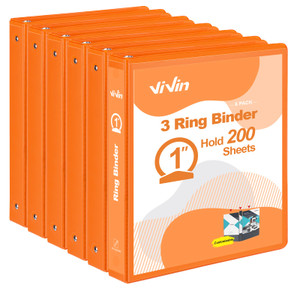 ViVin 1 Inch Round Ring View Binder for Durability, Standard 3 Ring Binder for 200 Sheets of US Letter Size Paper, PVC-Free, 6-Pack (Orange)