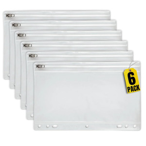 1IntheOffice Clear Pencil Pouch for 3 Ring Binder, Ring Binder Pockets with Zipper, Vinyl, 6 Pack