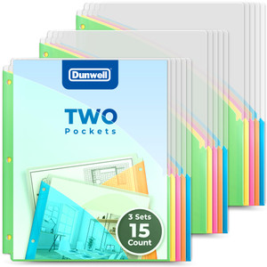 Dunwell Plastic Binder Pocket 3 Hole Punched (3 Sets, 15 Count) Slash File Jackets for 8.5x11 Paper, Project Sleeves for 3 Ring Binder, No Tab, 5 Col