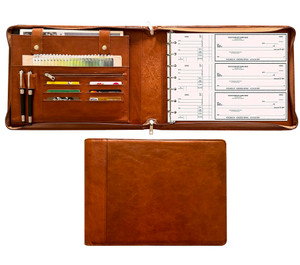 7-Ring Zippered Checkbook Binder for Business Checks - Premium Leather Portfolio Holds 600 Checks (9"x13") - Personalized Name/Logo for Men & Women