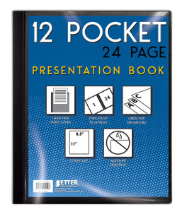 Better Office Products 12 Pocket Bound Presentation Book, Black with Clear View Front Cover, 24 Sheet Protector Pages, 8.5" x 11" Sheets, Art Portfol