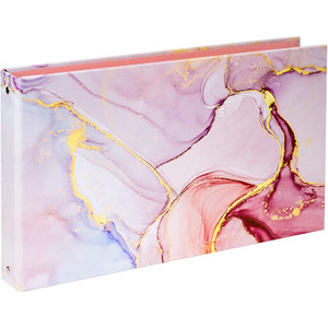 Legal-Size Pink Marble Binder for 8.5 x 14 Sleeve and Paper, 3-Ring 1-Inch Landscape Spreadsheet Binder with Elastic Cord, Ring Spacing 2.76in