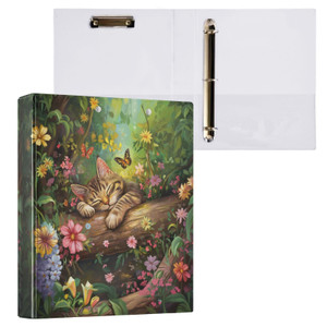 Sleeping Cat in Forest Butterfly Floral 3 Ring Binder 1.5" Decorative D-Ring Binder with Clipboard&3 Clear Pockets, Holds 200 Sheets A4 Size Paper Wa