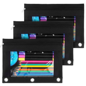 Tamaki 3 Ring Binder Pencil Pouch, Clear Window Pencil Case, Black, 3 Pack