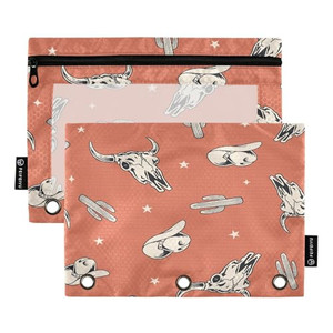 FFYHO Western Theme Pattern Big Pencil Pouches for Binders, Pencil Cases with Clear Window,Fits 3-Ring Binder,3 Holes Binder Zipper Pouches Bag 2 Pac