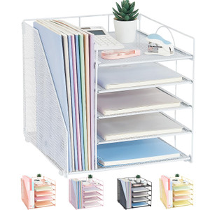 LEKETREE Desk Organizers and Accessories, 5-Tier Paper Letter Tray Organizer with File Holder, Desktop Organizer for Office Supplies (White)
