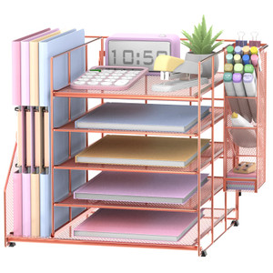 Reeplan Rose Gold Desk Accessories, 5-Tier Desk Organizer with Magazine Holder, Paper Organizer with Pen Holder for Home, Office or School Supplies