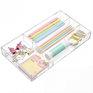 Briwooody Clear Acrylic Desk Drawer Organizer 11 x 6.1 x 1.38 Inch Storage Tray Organizer for Pens, Stationery, Desktop, Office, Bathroom, Kitchen, M