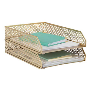 BLU MONACO | Paper Tray Stackable Gold Set of 2 | Stackable File Trays for Desk Organization | Tiered Desk Organizer with Metal Letter Trays