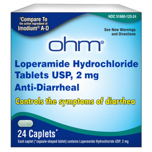 Ohm Loperamide Hydrochloride 2mg Caplets (24 Count) - Anti Diarrhea Medicine for Adults and Children, Effective Stomach Relief, Fast Acting Antidiarr