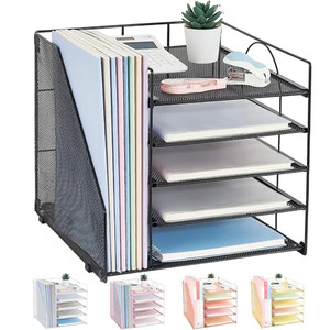 LEKETREE Desk Organizers and Accessories, 5-Tier Paper Letter Tray Organizer with File Holder, Desktop Organizer for Office Supplies (Black)