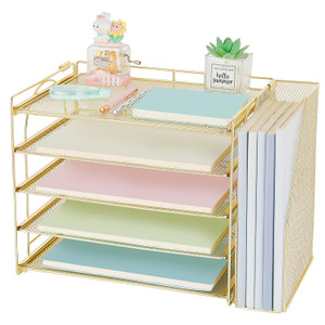 AUPSEN Gold Desk Accessories Organizer,5-Tier Letter Tray Paper Organizer with Adjustable File Holder, Desktop Office Desk Accessories for Office Sup