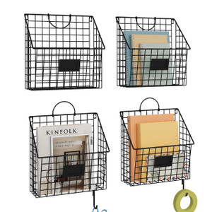 Yuzehuaza Hanging Wall File Holder Organizer Metal Wall Mount File Folders Holder Magazine Rack with Handles and Hooks , for Home Office, 4 Packs, Bl