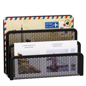 Marbrasse Mail Organizer for Desk, 3-Slot Mesh Metal Mail Holder countertop, Letter Holder, Office Desktop Envelope and Document Storage Rack (Black)