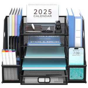 SUPEASY Mesh Desk Organizer with File Holder, 5-Tier Paper Letter Tray Organizer with Magazine Holder, Desktop Organizer and Storage with Drawer for