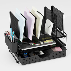 LEKETREE Desk Organizer, Office Organization with Vertical File Holder, File Organizer with Drawer and Pen Holder, Desk Accessories and Workspace Org