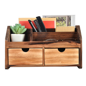 ExoLiry Rustic Torched Dark Brown Wood Desk Organizer Wooden Tabletop Stationery Holder Multiple Compartments Slots 2 Drawers Storage Cabinet Office