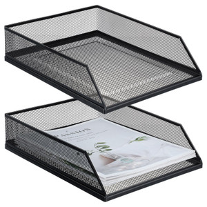Hicarer 2 Pcs Black Metal Letter Tray Stackable Desk Tray Single Wire Mesh Organizer Front Load File Paper Holder for Desktop Office Home School Clas