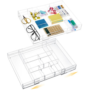 Briwooody 2 Pcs Acrylic Desk Drawer Organizer Maximum 12 x 18 x 2.1 Inch Expandable Drawer Organizer Trays with 8 Adjustable Compartments Desk Access