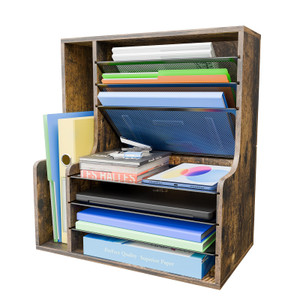 Simple Trending 7 Tier Desk File Organizer, Wooden Letter Tray Paper Organizer with Adjustable File Holder, Mesh Desktop Organizer and Storage for Of