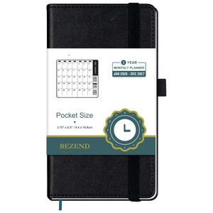 BEZEND Pocket Monthly Planner 2026-2027 (3.5" x 6.5") 2 Year Calendar Book for Purse with Note Pages, 100 GSM Paper, Inner Pocket, Pen Holder, Vegan
