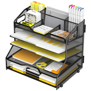 YINGHUA 5 Tier Paper Tray Letter Organizer with Top 6 Adjustable Compartments - Paper Sorter Office Desktop Accessories with Handles for Document,Mai