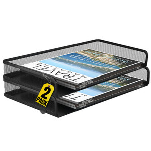 1InTheOffice Side Load Letter Tray Stackable, Black Mesh Tray Legal Size, "2 Pack"