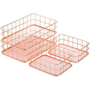 Hacaroa 4 Pack Rose Gold Wire Mesh Basket, Metal Desk Drawer Organizer Desktop Holder Tray for Cosmetic, Stationery, Magazines, Fruit Snacks, Home, S