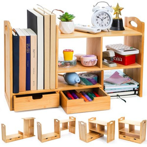 Eorbow Bamboo Desktop Bookshelf, Expandable Counter Bookcase, Storage Shelves Rack Organizer with Anti-Slip Pads, Cute Small Desk Display Cubby Top f