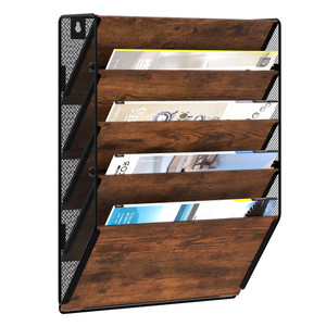 Senhoglb Metal Wall File Holder Organizer, 5-Tier Mesh Hanging Wall File Organizer, Magazine Rack With Pockets, Wood Document Holder for Office Home,