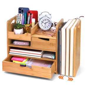 ZOOFOX Bamboo Desk Organizer with Adjustable File Holder, Mail Organizer Countertop with Drawer, 4-Tier Desktop Organization and Desk Accessories for