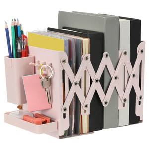 PATIKIL Adjustable Book Ends, 7.5" Tall Heavy Duty Metal Adjustable Bookends Book Holders Organizer with Removable Pen Holder Tray and 3 Hook-up for