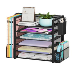 Simple Trending 6 Tier Desk File Organizer, Paper Letter Tray Organizer with File Holder and Pen Container, Black