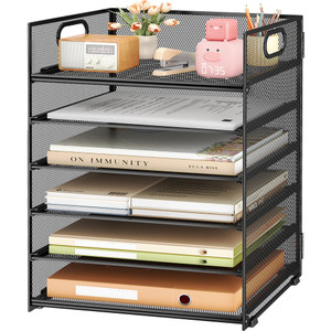 Subekyu 6 Tier Paper File Tray Organizer for Desk, Black Mesh Desk Letter Paper File Folder Accessories Sorter Organizer with Handle, Stackable Slide