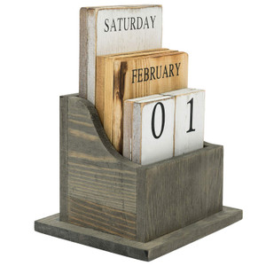 MyGift Solid Wood Perpetual Desk Calendar in Vintage Gray Finish with Wooden Tiles Month, Date and Day, Home and Office Desktop Accessory, Holiday Gi
