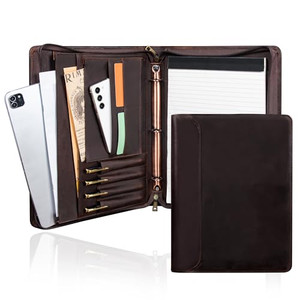AZXCG Genuine Leather Portfolio Binder for Men& Women,Padfolio Organizer with Zipper,Padfolio Folder for iPad Pro 12.9/ Letter Size Notepad,Business
