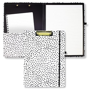 Steel Mill & Co Cute Clipboard Folio with Refillable Lined Notepad and Interior Storage Pocket, Black and White Padfolio for Work, Black Dots