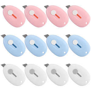 Cosmos Pack of 12 Mini Retractable Utility Knife Box Cutter Letter Opener, Random Color, with 1 Pc Marble Pattern Storage Bag