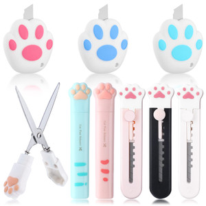 9 Pcs Mini Cute Box Cutter Scissors Knives Set Carton Cat Paw Stainless Steel Cutter Letter Opener Portable Retractable Utility Knives for Package Pa