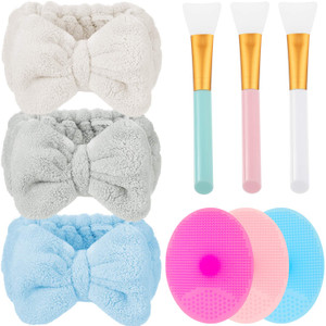 Patelai 9 Pieces Microfiber Bowtie Headbands, Silicone Face Cleanser and Massager Brush, Silicone Face Mask Brush - Hair Accessories Set for Women -