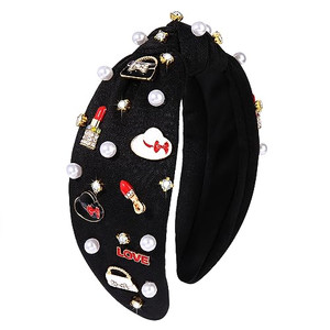 Knotted Headbands for Women Girls Funny Makeup Lipstick High Heels Handbag Hat Charm Pearl Crystal Jeweled Embellished Top Knot Hairband Statement Wi